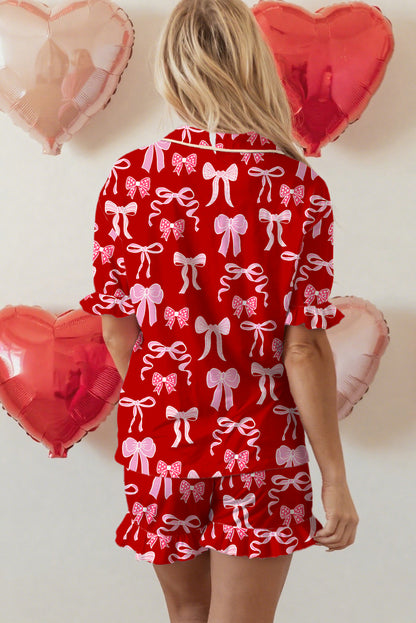 Red Sweet Bow Print Shirt Style Top Short 2pcs Pajama Set