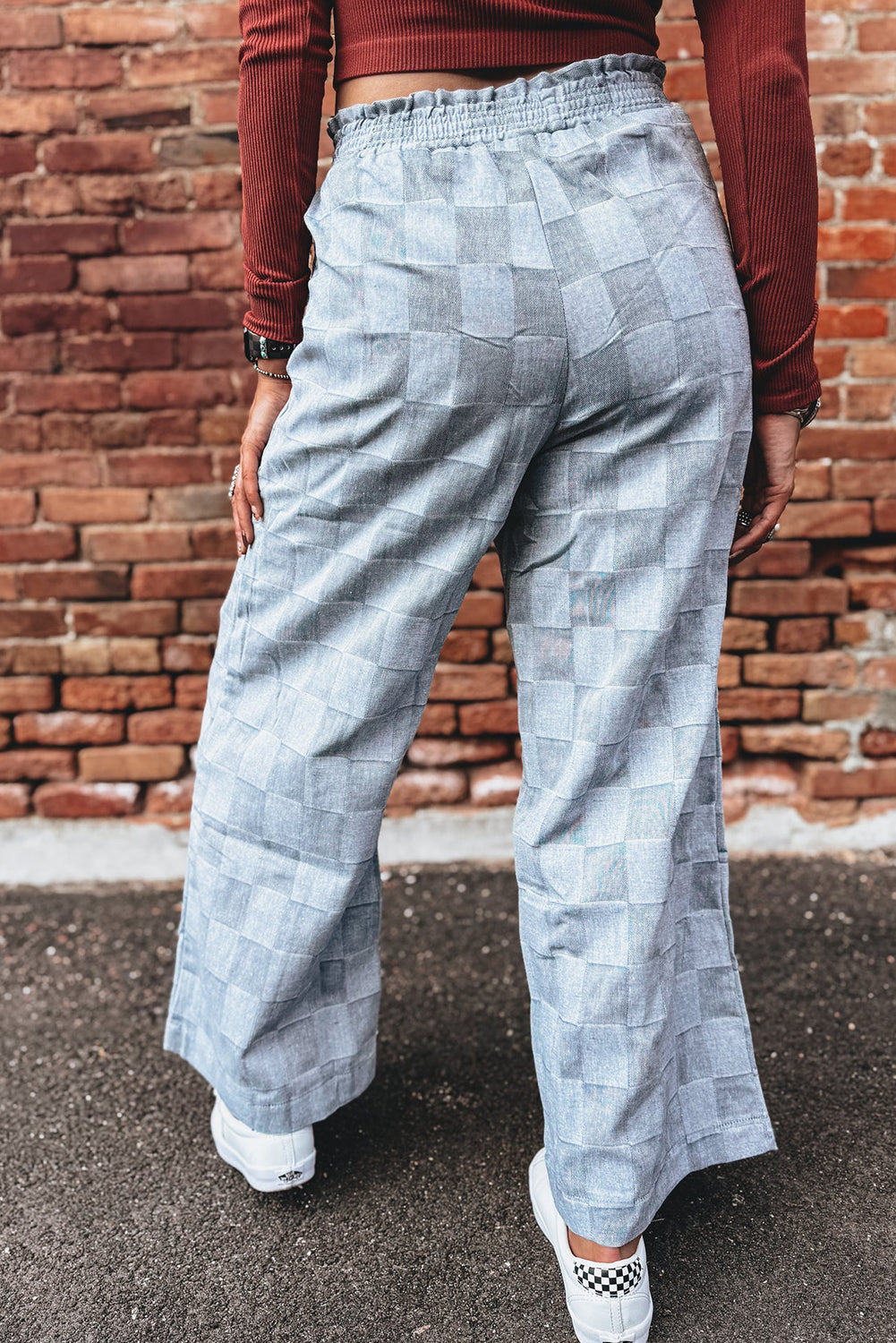 Sky Blue Frilled Elastic Waist Checkered Loose Denim Pants