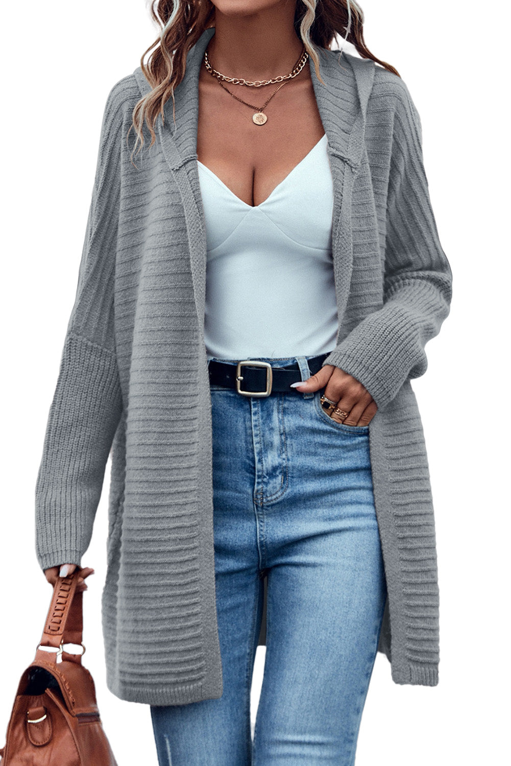 Knit Grey Hooded Duster Cardigan with Horizontal Rib Texture