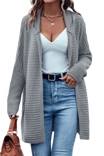 Knit Grey Hooded Duster Cardigan with Horizontal Rib Texture