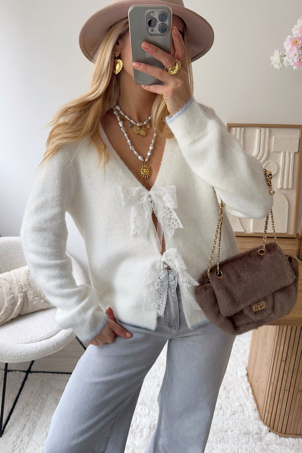 White V Neck Fuzzy Knit Lace Bow Pearl Decor Sweater