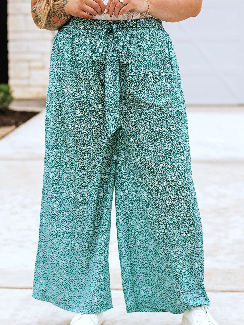 Green Floral Boho Tie-Waist Wide Leg Pants for Curvy Fashionistas