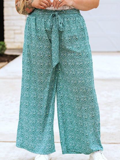 Green Floral Boho Tie-Waist Wide Leg Pants for Curvy Fashionistas