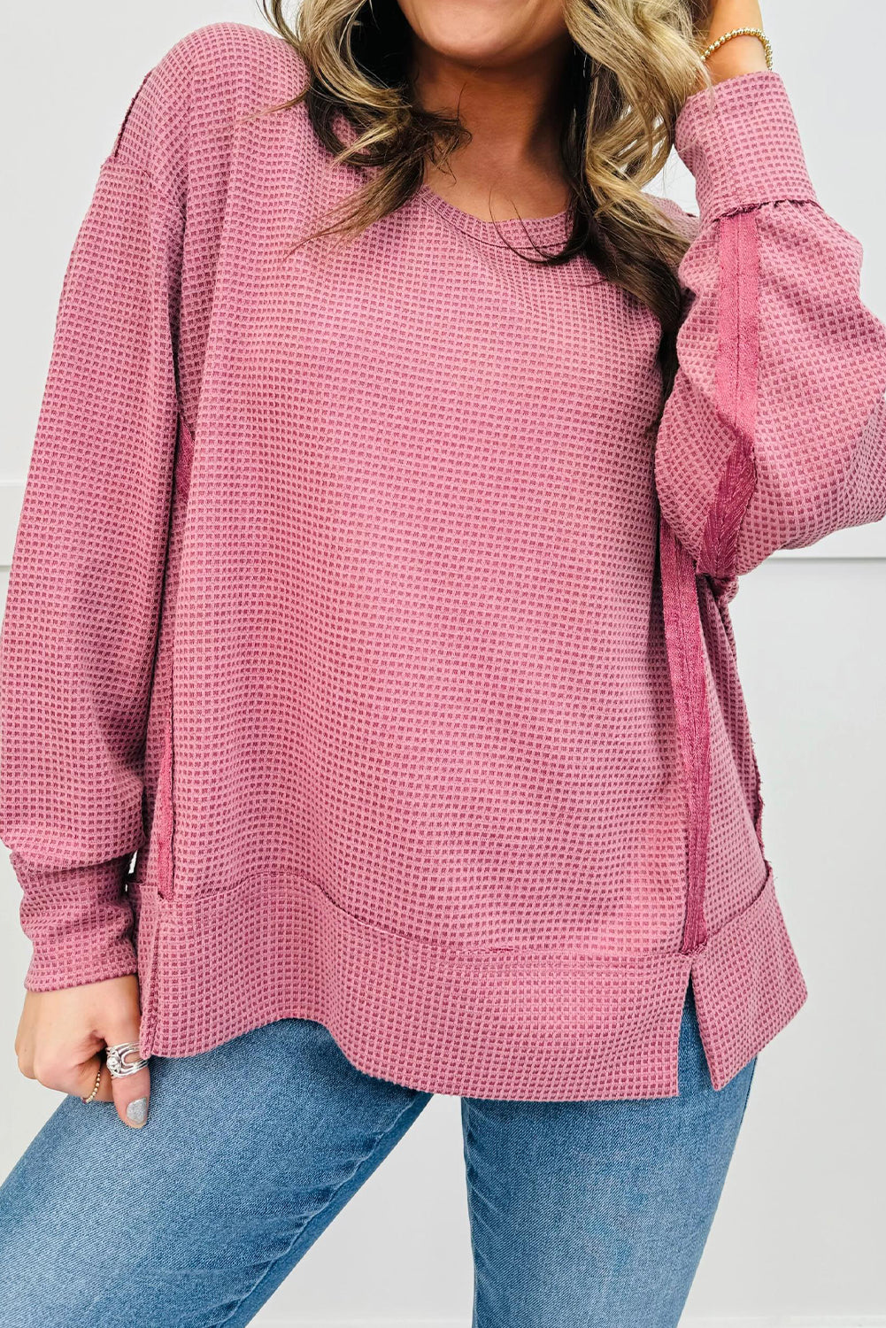 Fushia Waffle Knit Contrast Patched Detail Side Slit Oversize Pullover