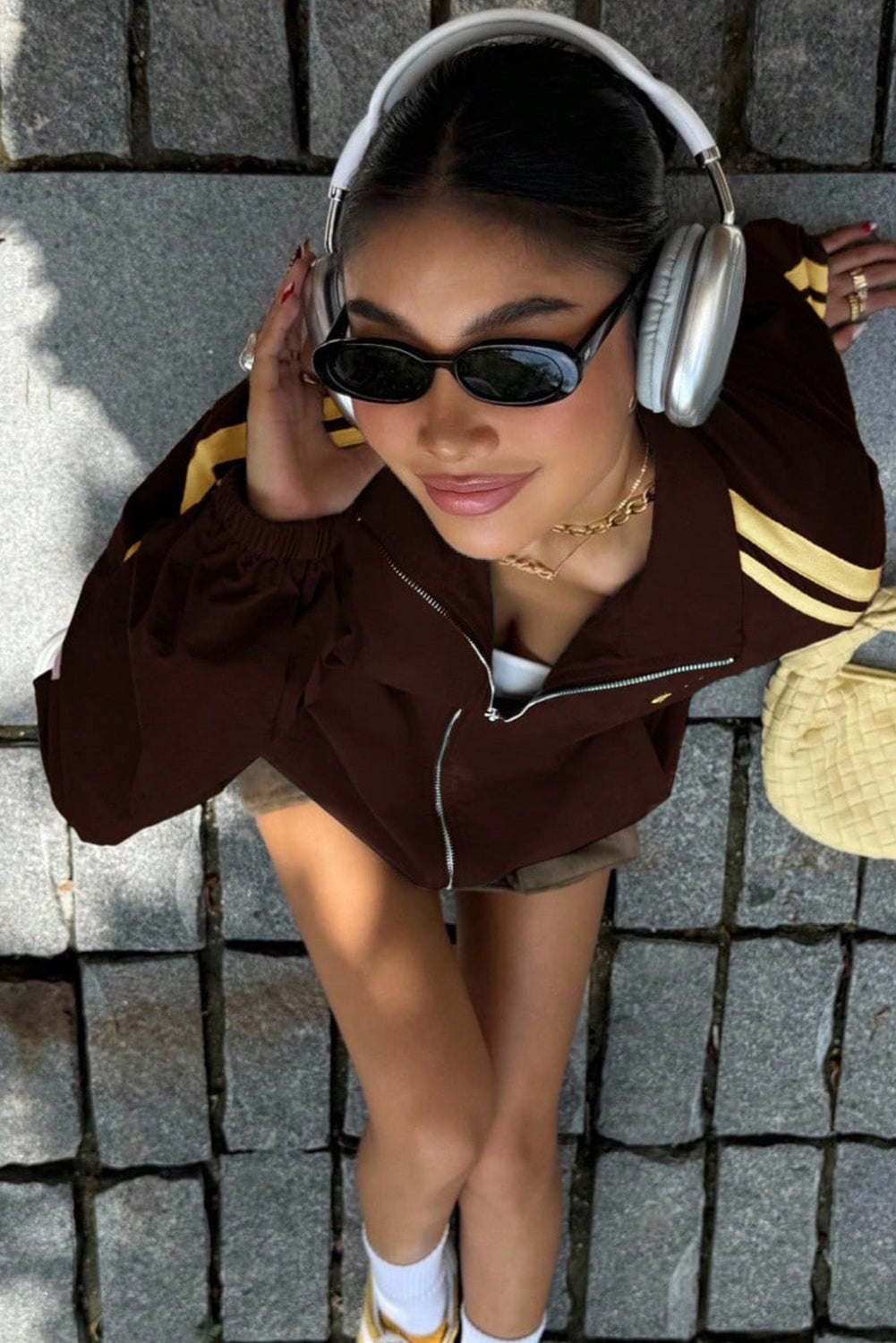 Coffee Bow Embroidered Detail Zip Up Sweatshirt Womens Jacket