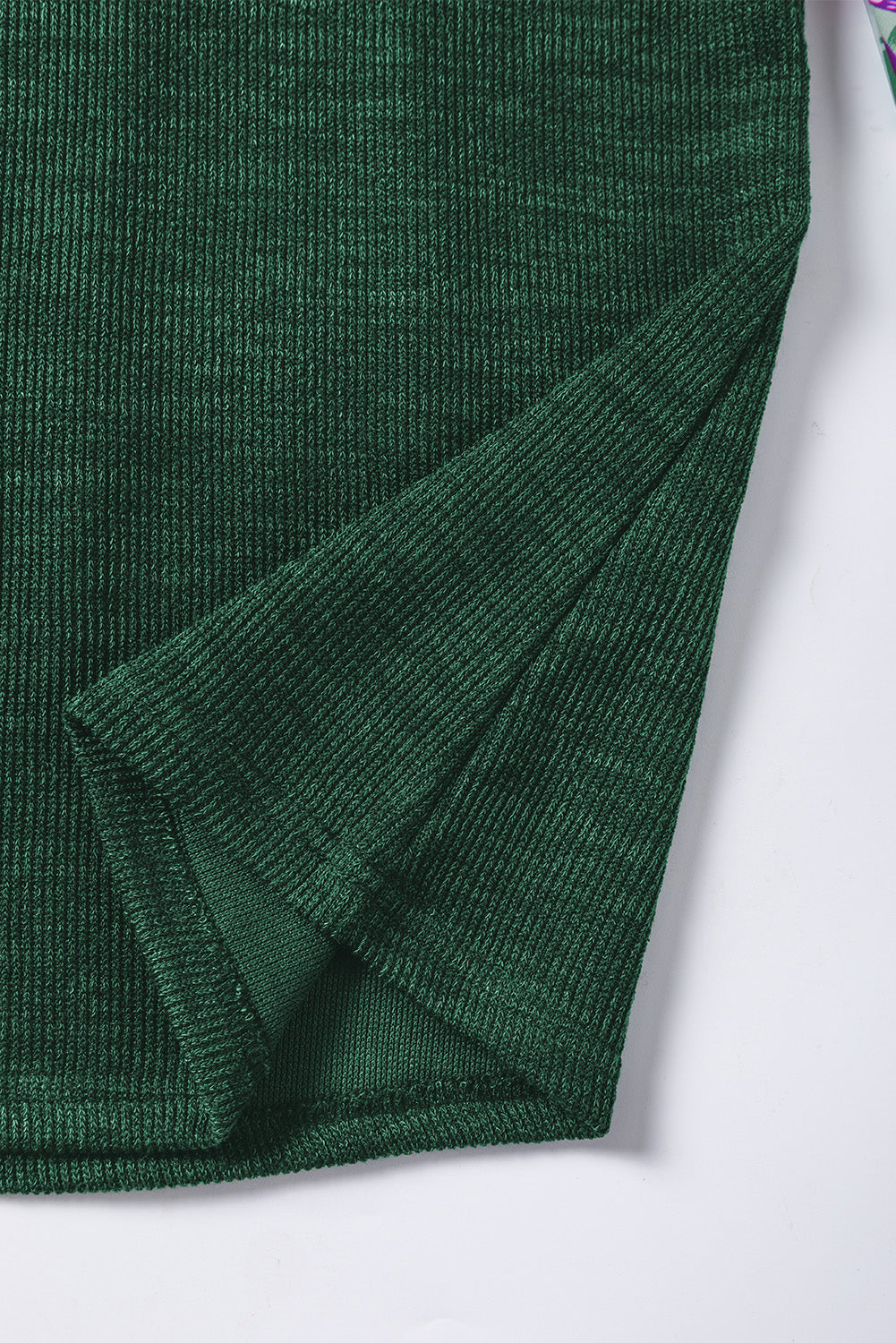 Green Floral Ribbed Frill Neck Long Sleeve Top with a Misty Twist