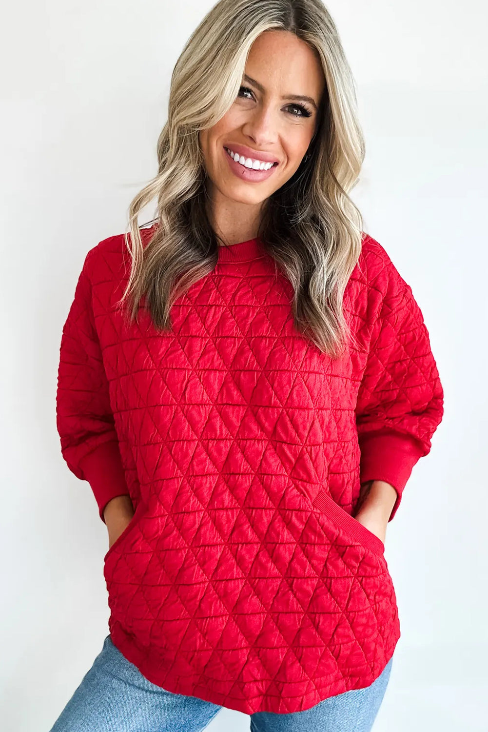Fiery Red Quilted Texture Loose 3/4 Sleeve Top