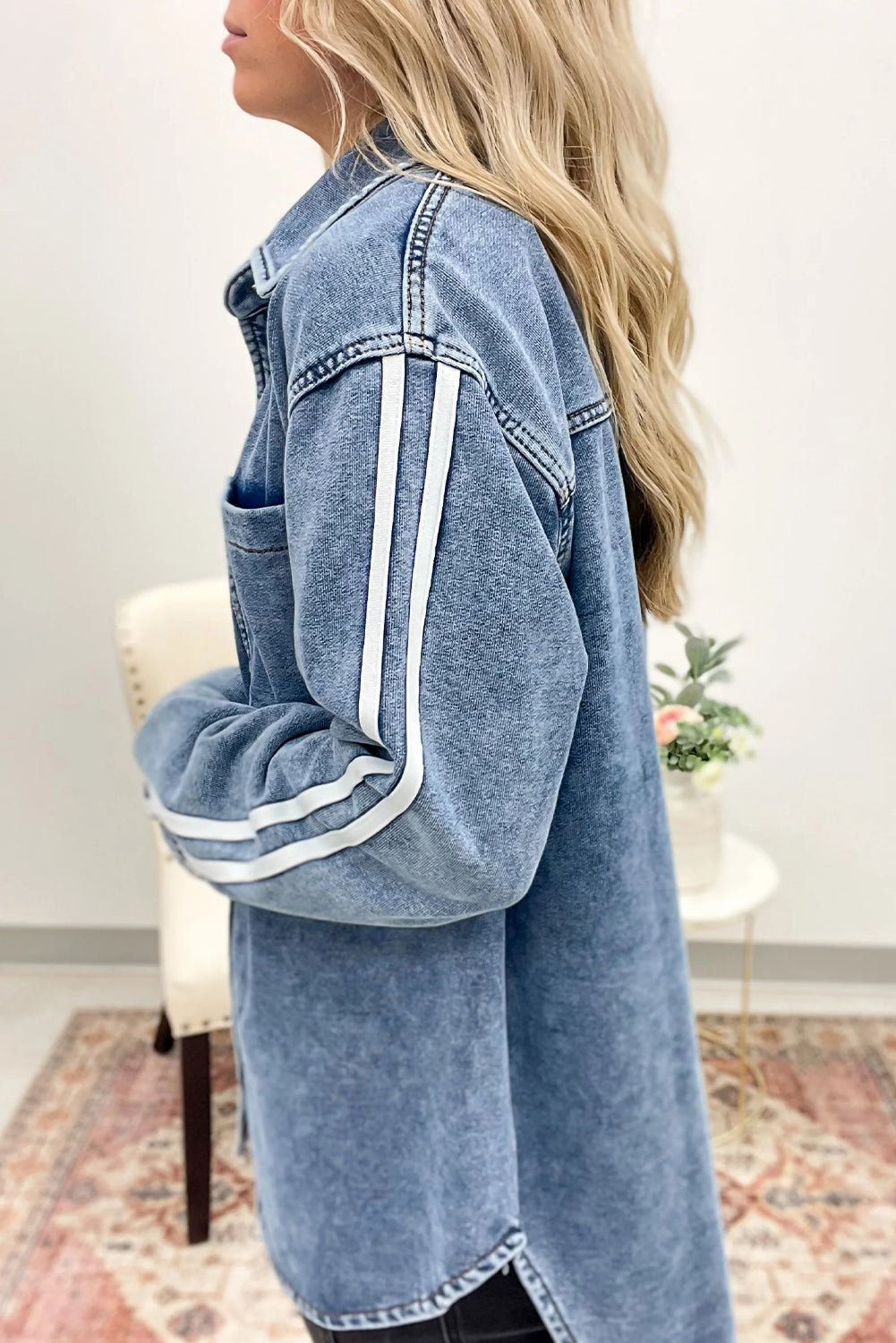 Myosotis Varsity Striped Detail Button Down Loose Denim Jacket