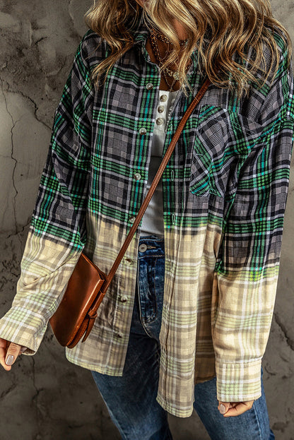 Green Plaid Patchwork Button Up Shacket with Chest Pocket