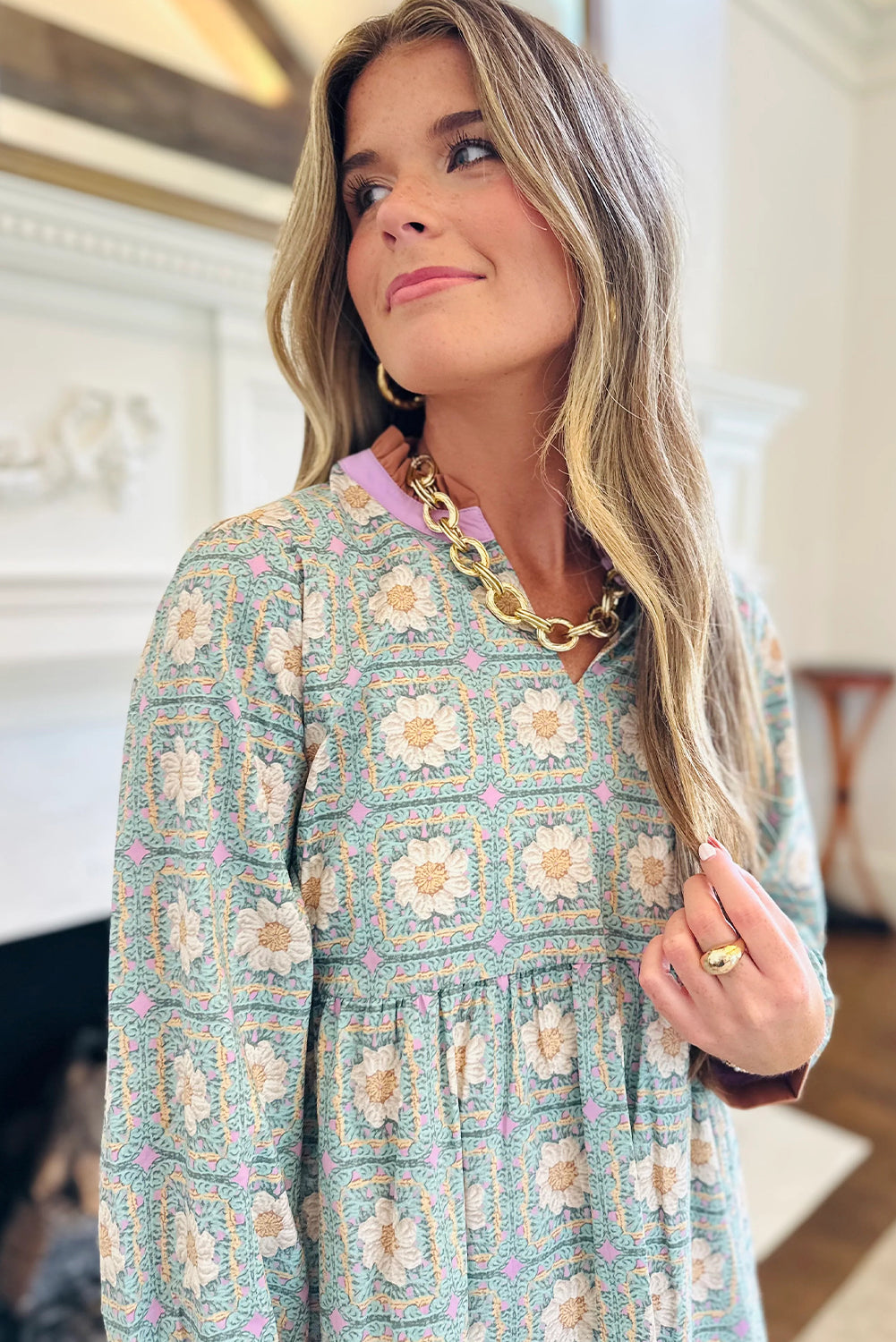 Green Geometric Floral Print Contrasted Striped Trim Long Sleeve Mini Dress