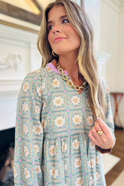 Green Geometric Floral Print Contrasted Striped Trim Long Sleeve Mini Dress