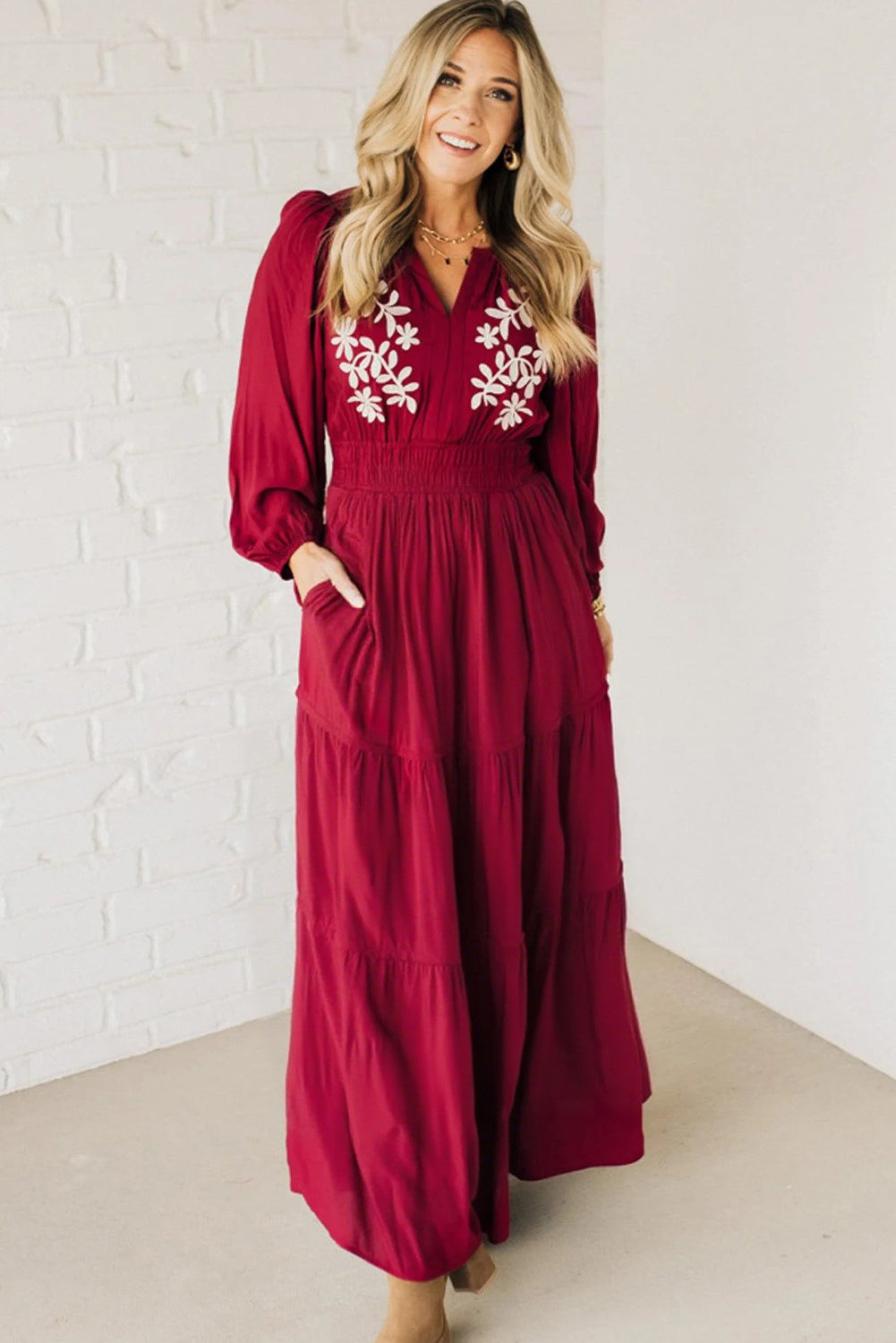 Racing Red Contrast Embroidered Detail V Neck Long Sleeve Maxi Dress