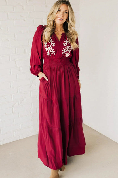 Racing Red Contrast Embroidered Detail V Neck Long Sleeve Maxi Dress