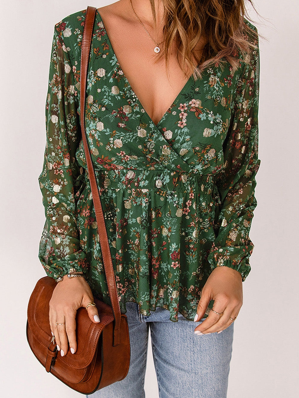Green Ditsy Floral Peplum Blouse with V-Neck and Long Sleeves