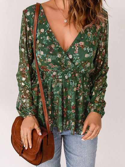 Green Ditsy Floral Peplum Blouse with V-Neck and Long Sleeves