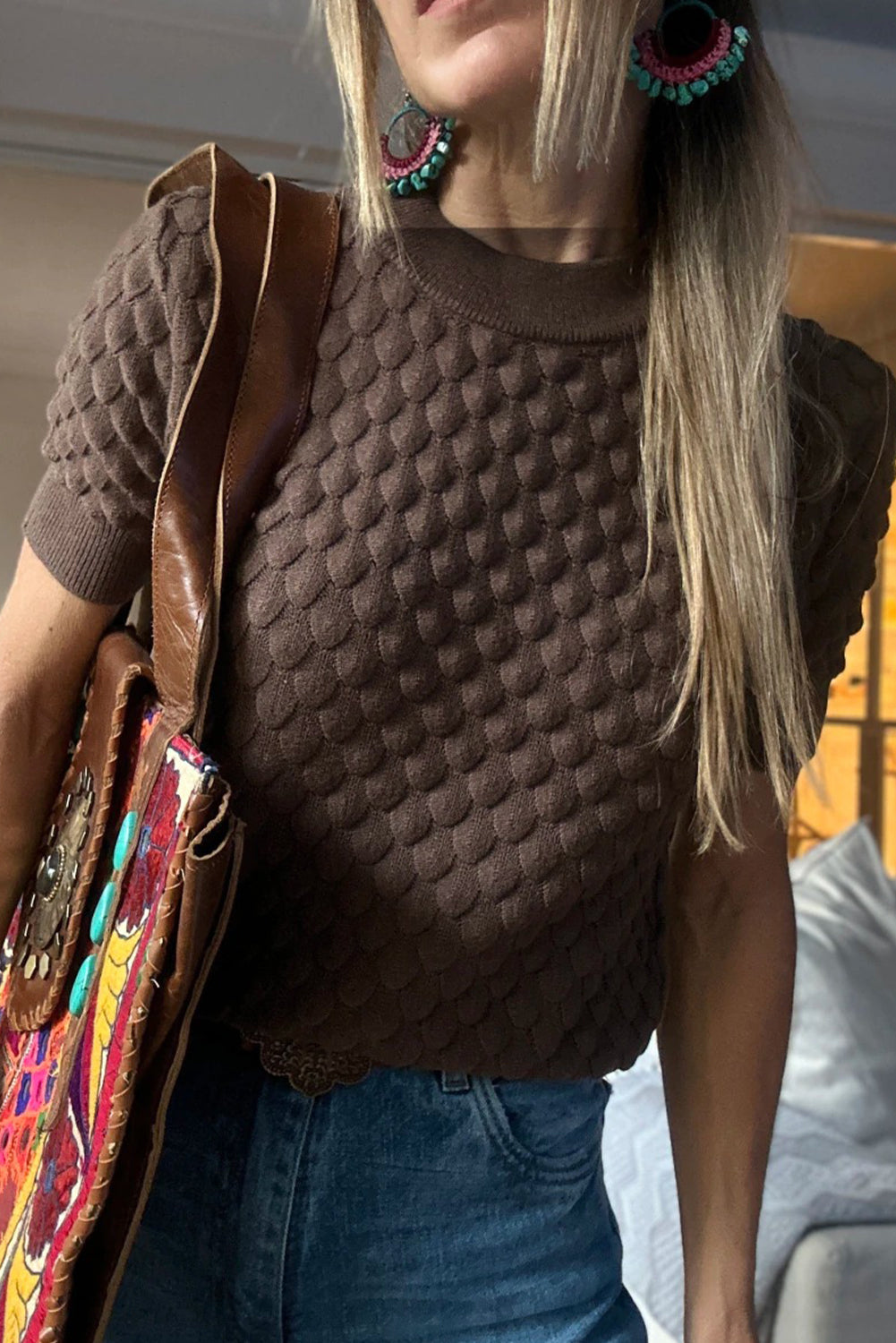 Dark Brown Fish Scale Textured Knit Ribbed High Neck Short Sleeve Sweater