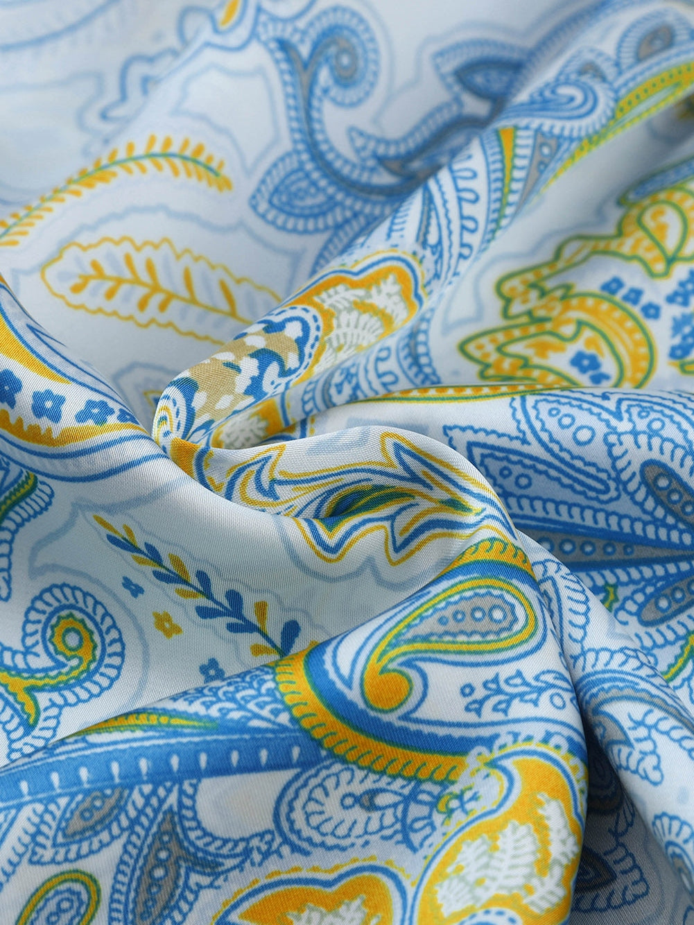 Elegant Sky Blue Paisley Pattern Flowy Blouse with Wide Sleeves