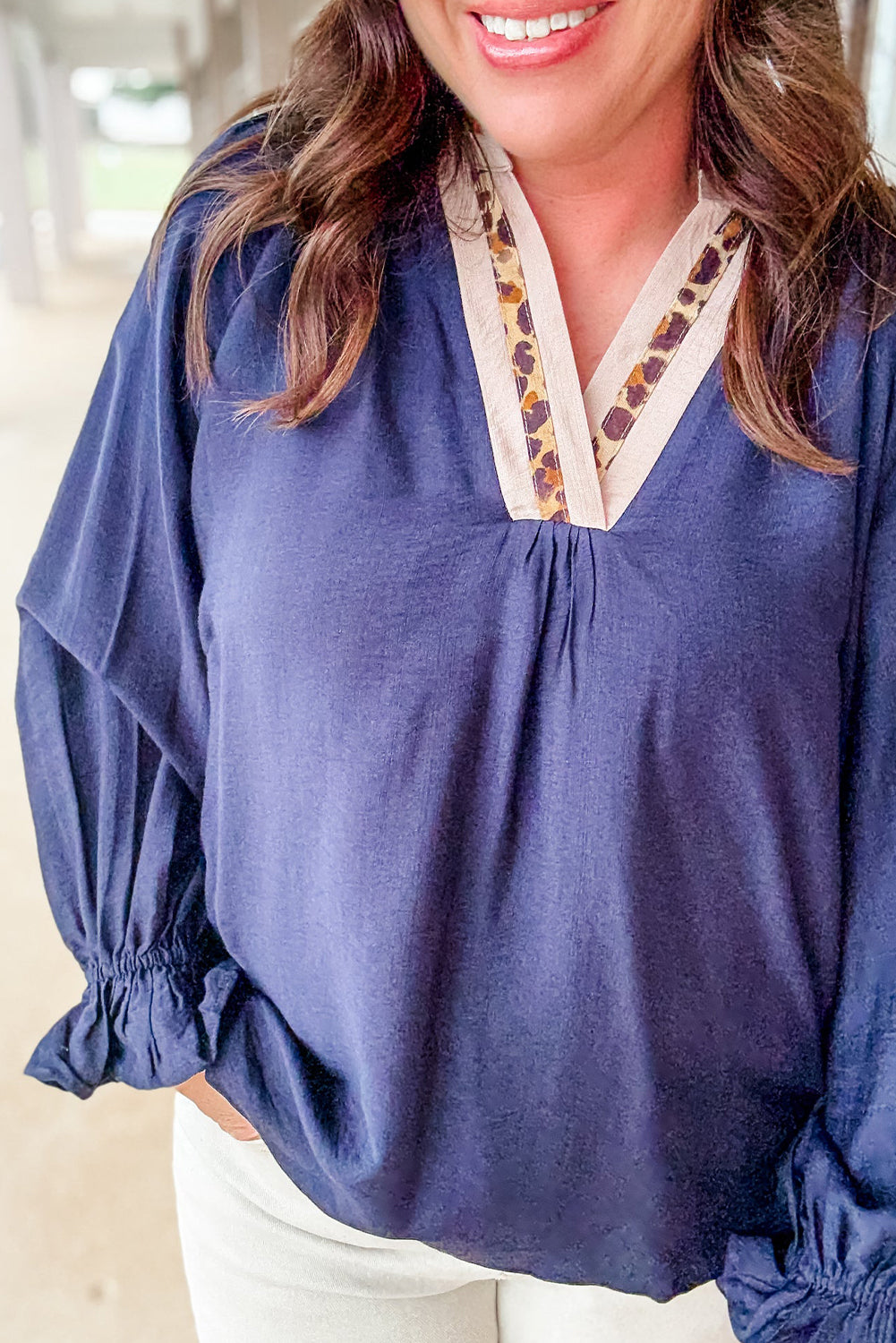 Navy Blue Contrast Leopard Patchwork Collar Plus Size Long Flounce Sleeve Blouse