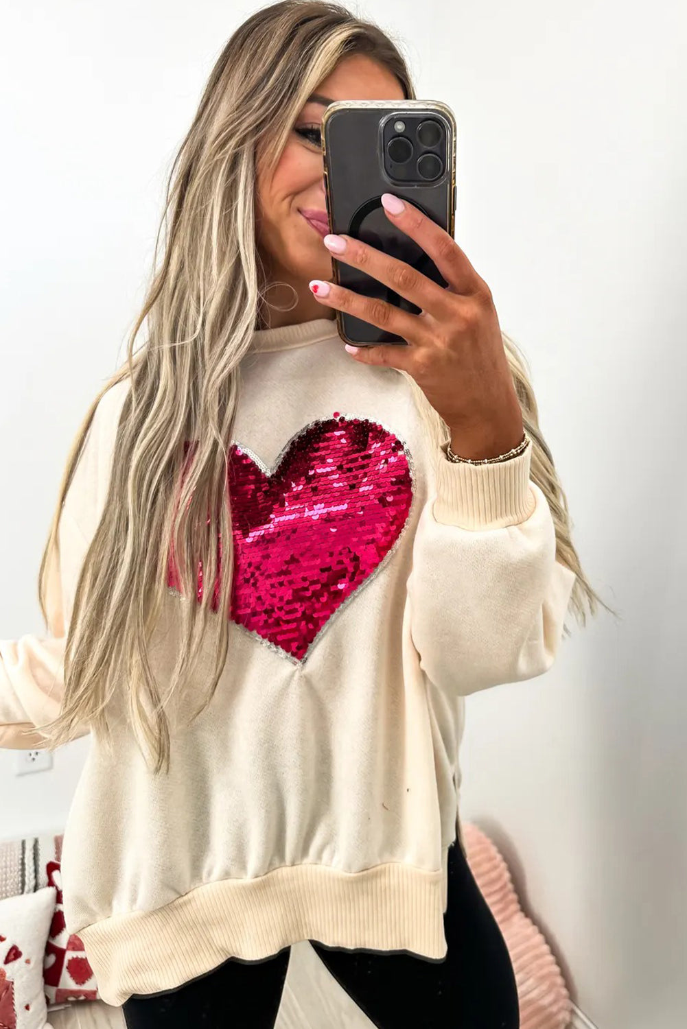 Beige Big Sequin Heart Pattern Ribbed Trim Side Slit Sweatshirt