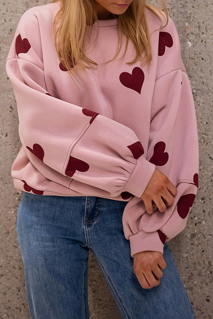 Pink Sweat Heart Print Patchwork Puff Sleeve Oversize Sweatshirt