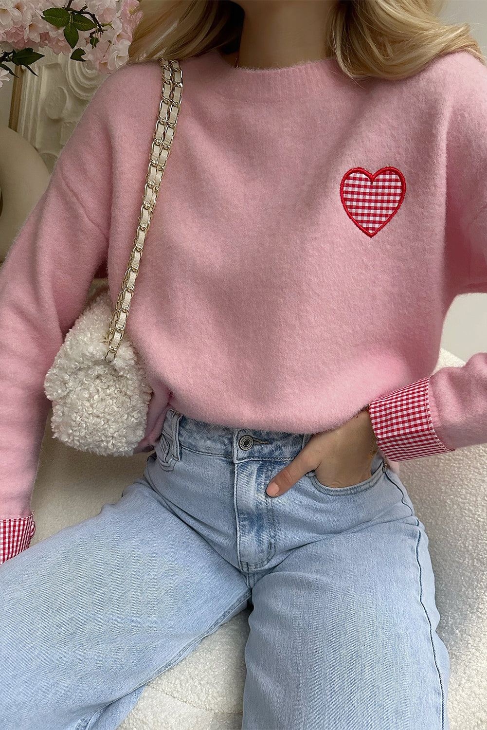 Light Pink Plaid Heart Patched Contrast Cuffs Drop Shoulder Crew Neck Sweater