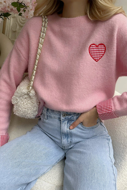 Light Pink Plaid Heart Patched Contrast Cuffs Drop Shoulder Crew Neck Sweater
