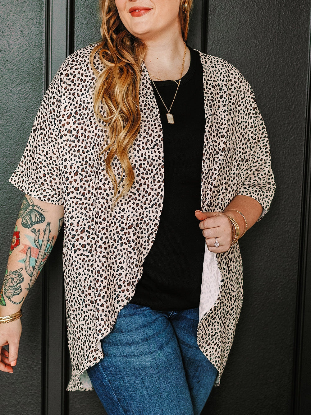 Leopard Print Khaki Plus Size Open Front Cardigan with Half Sleeves