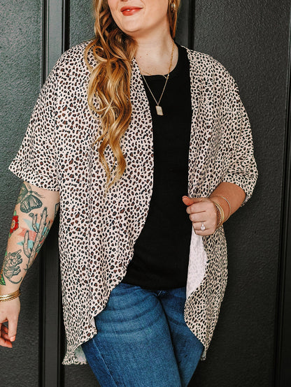 Leopard Print Khaki Plus Size Open Front Cardigan with Half Sleeves