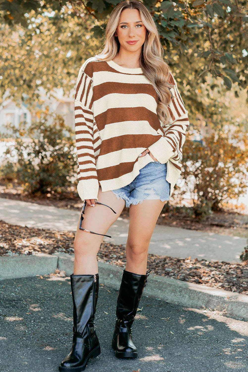 Brown Stripe Drop Shoulder Sleeve Patchwork Baggy Sweater