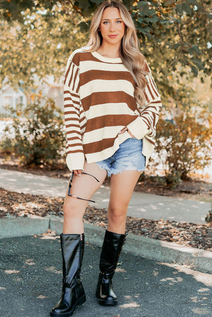 Brown Stripe Drop Shoulder Sleeve Patchwork Baggy Sweater