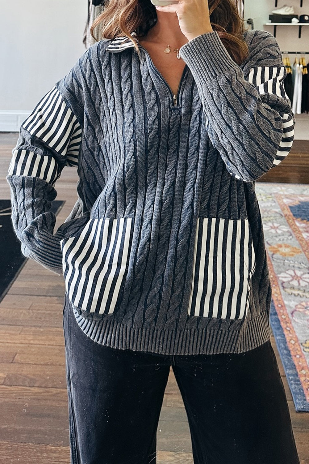 Sleet Cable Knit Striped Patchwork Collar Zipped Pullover Sweater