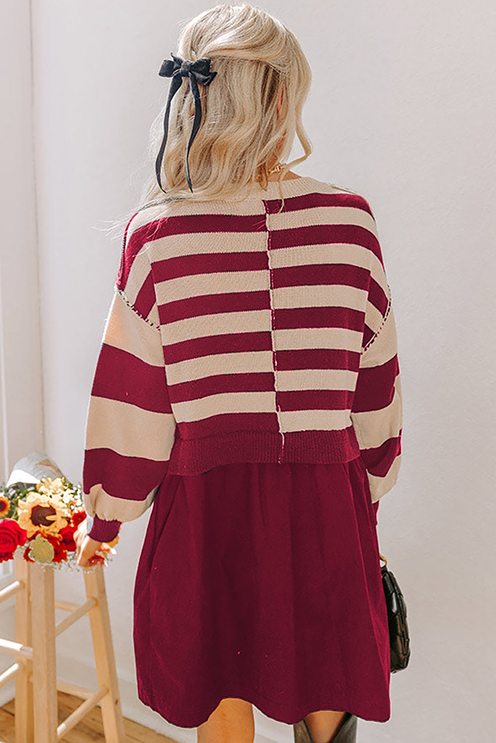 Red Stripe Two in One Knitted Top High Waist Splicing Hem Sweater Dress
