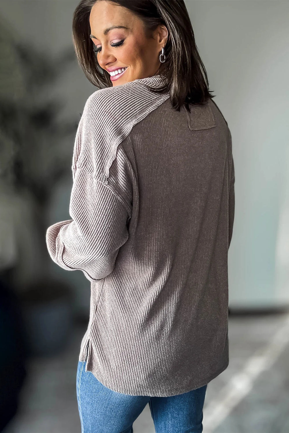 Smoke Gray Brushed Ribbed Knit Exposed Seam Drop Shoulder Henley Top
