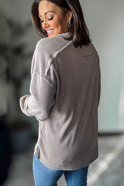 Smoke Gray Brushed Ribbed Knit Exposed Seam Drop Shoulder Henley Top