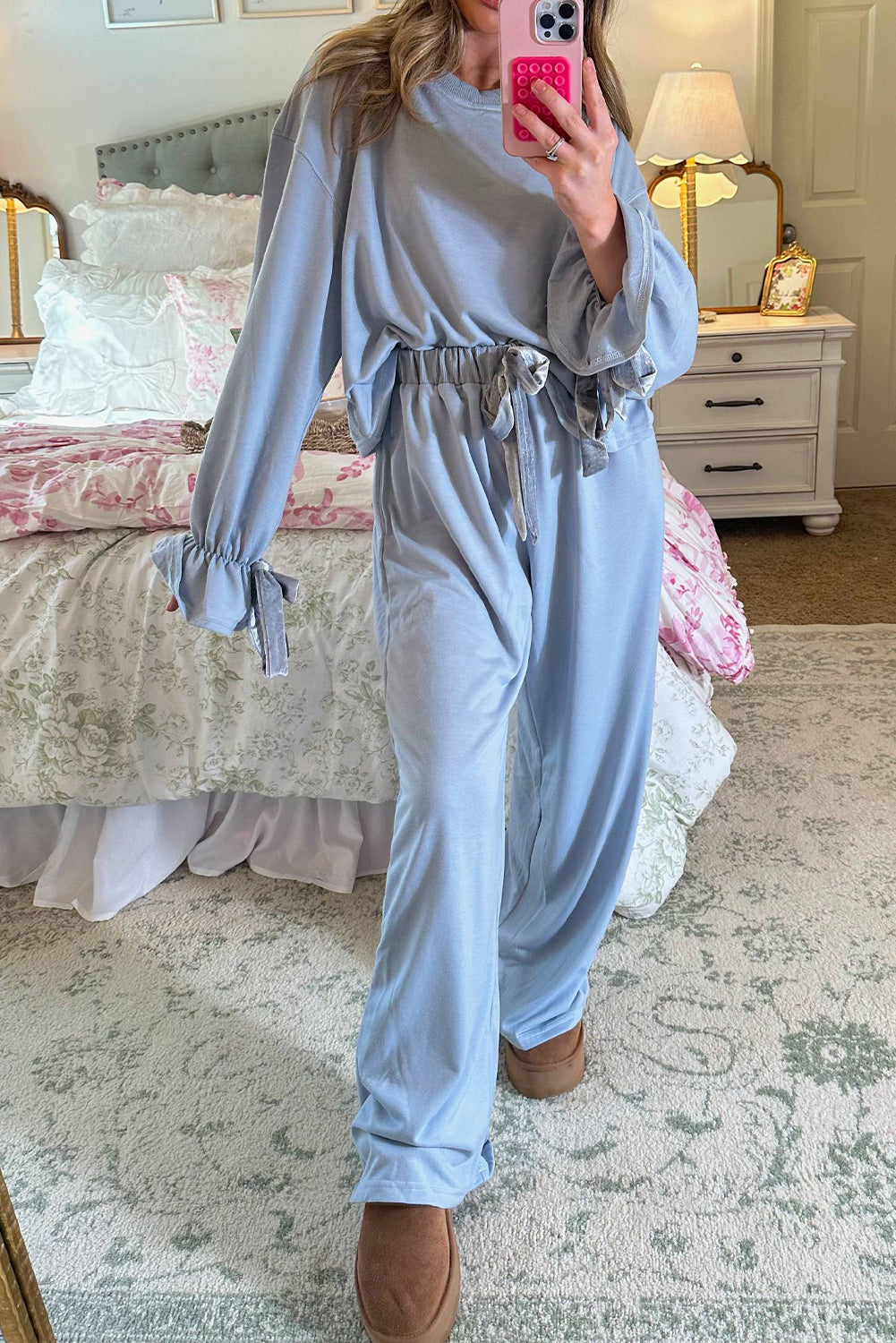 Beau Blue Flounce Long Sleeve Top Drawstring Pants Contrast Velvet Bow Knot 2pcs Lounge Set
