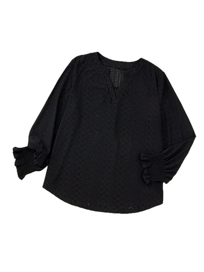 Black Eyelet Jacquard Split Neck Flounce Sleeve Plus Size Blouse