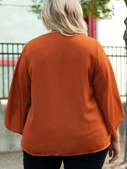 Golden Flame Wrap Sleeve V-Neck Plus Size Blouse