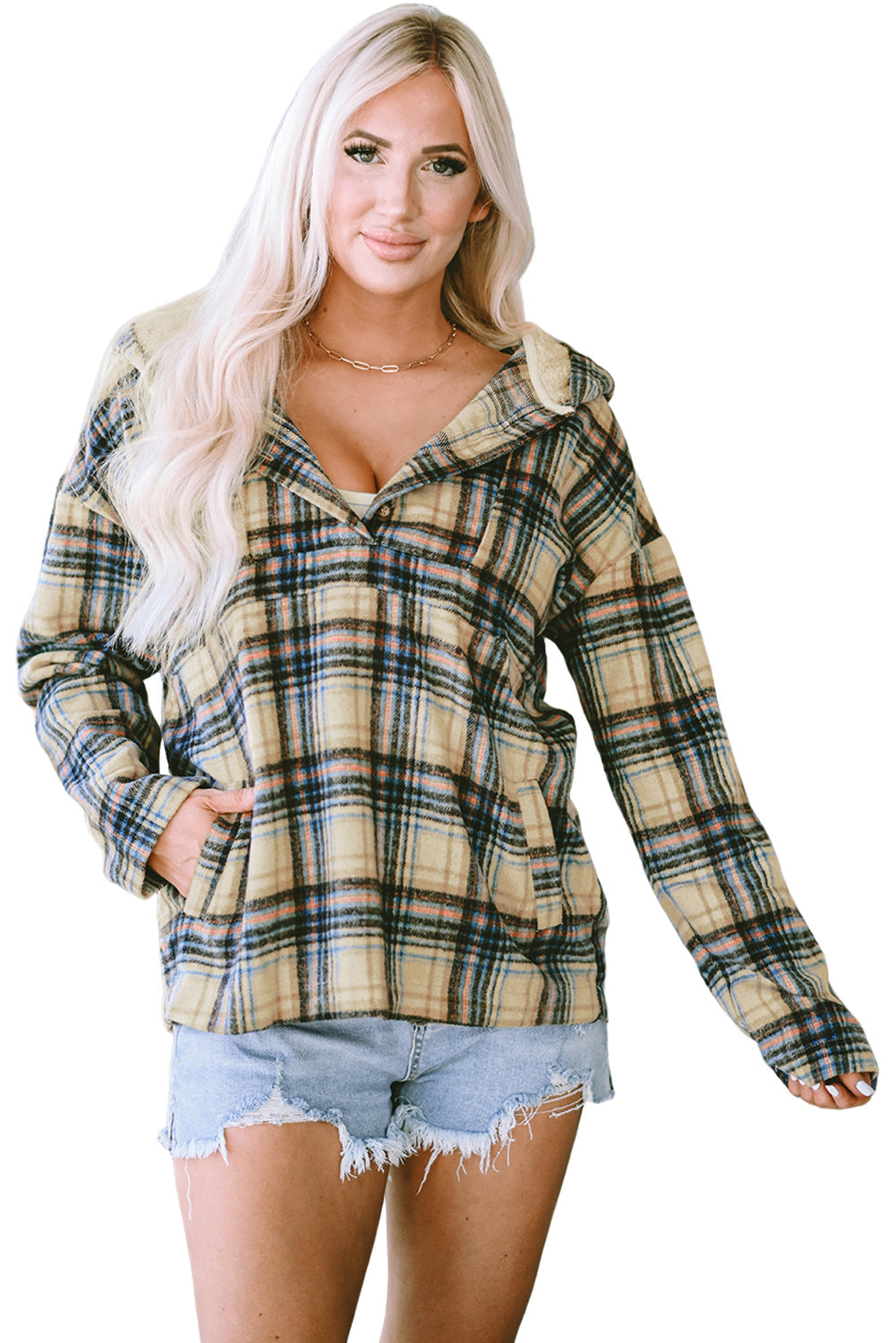 Khaki Plaid Hooded Pullover with Button Detail and Kangaroo Pocket