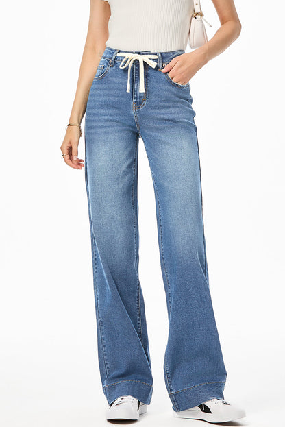 Light Blue Lace-up Button Zip Fly Straight Leg Jeans