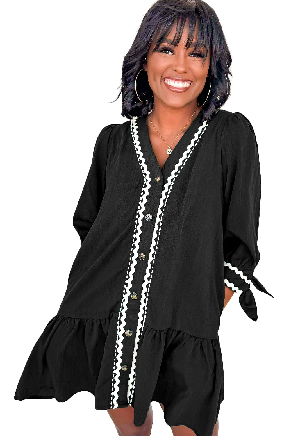 Black Contrast Ricrac Trim Button V Neck Knotted Bracelet Sleeve Shift Dress