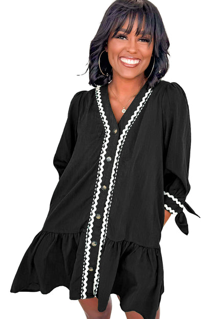 Black Contrast Ricrac Trim Button V Neck Knotted Bracelet Sleeve Shift Dress