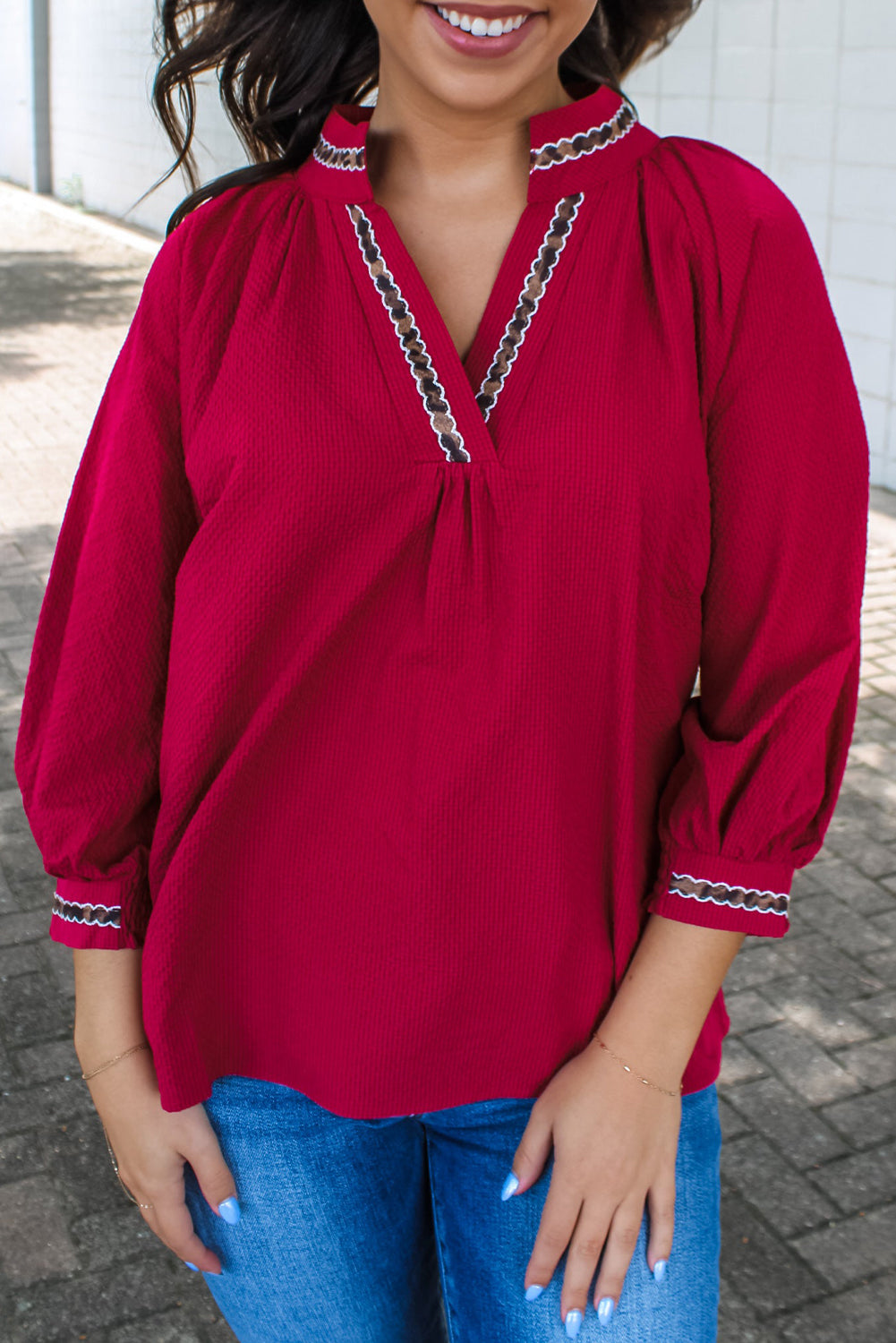 Racing Red Contrast Leopard Trim Bracelet Sleeve V Neck Textured Top