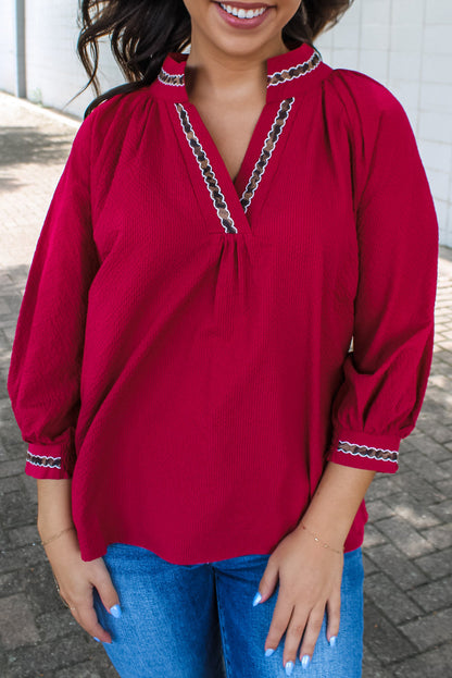 Racing Red Contrast Leopard Trim Bracelet Sleeve V Neck Textured Top