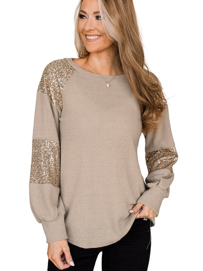 French Beige Sequin Embellished Long Sleeve Blouse