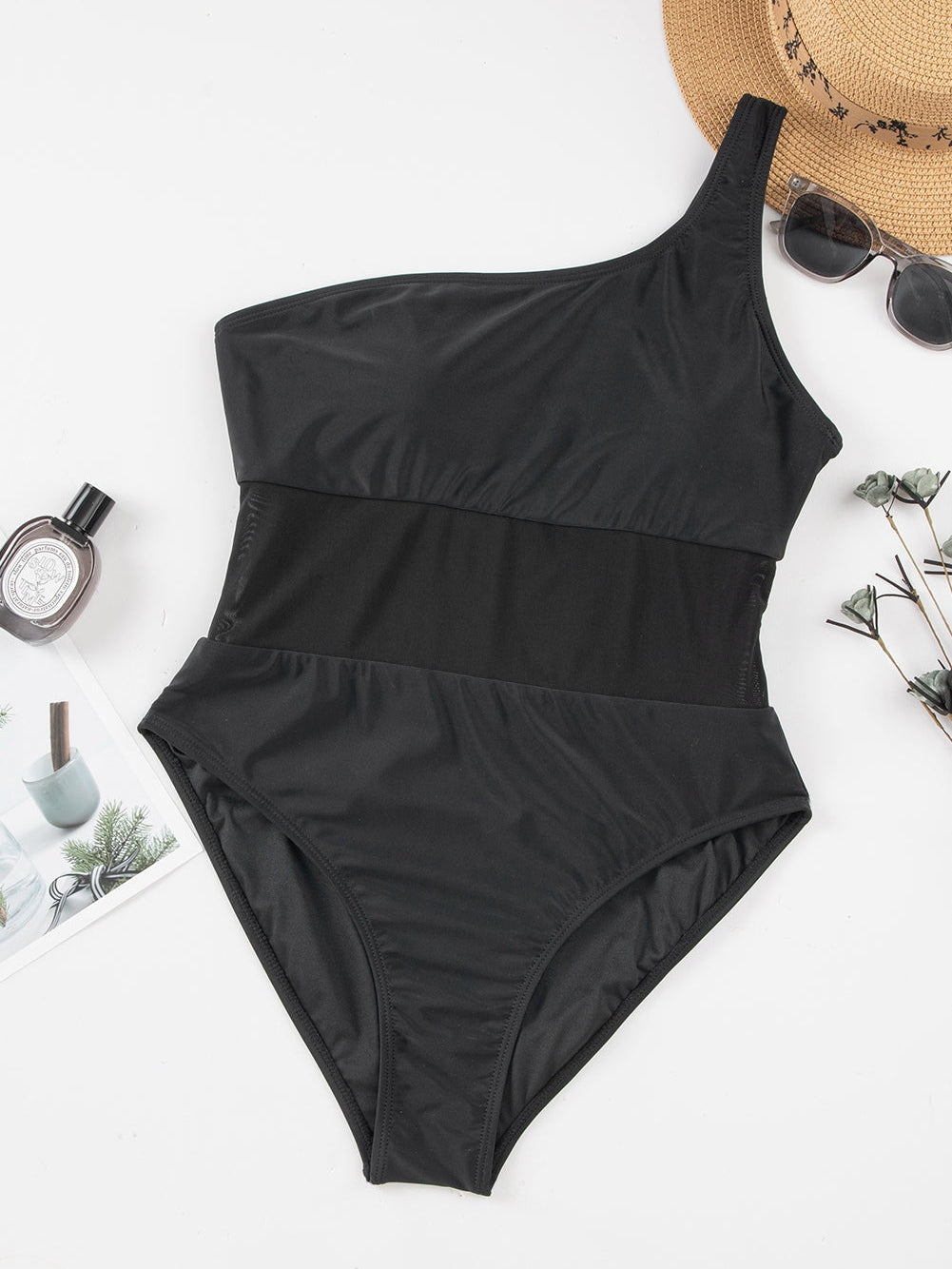 Black Mesh Patchwork One-shoulder Monokini Swimsuit
