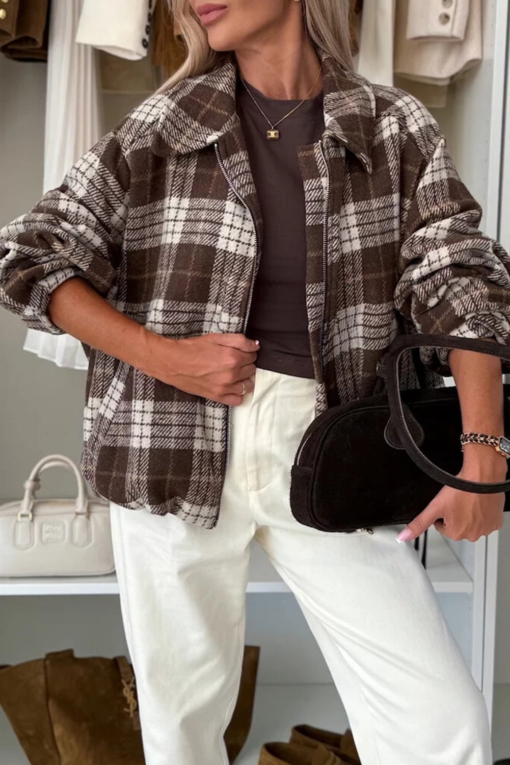 Dark Brown Grid Zipped Front Loose Casual Jacket