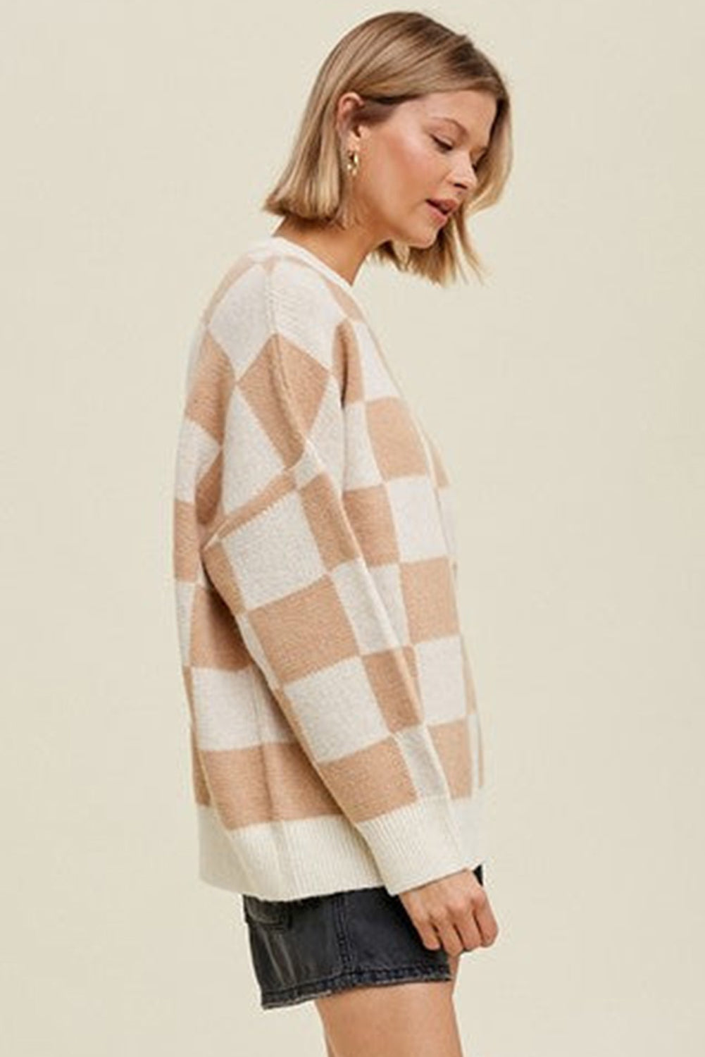 Parchment Ribbed Trim Checkered Pattern Knit Baggy Sweater