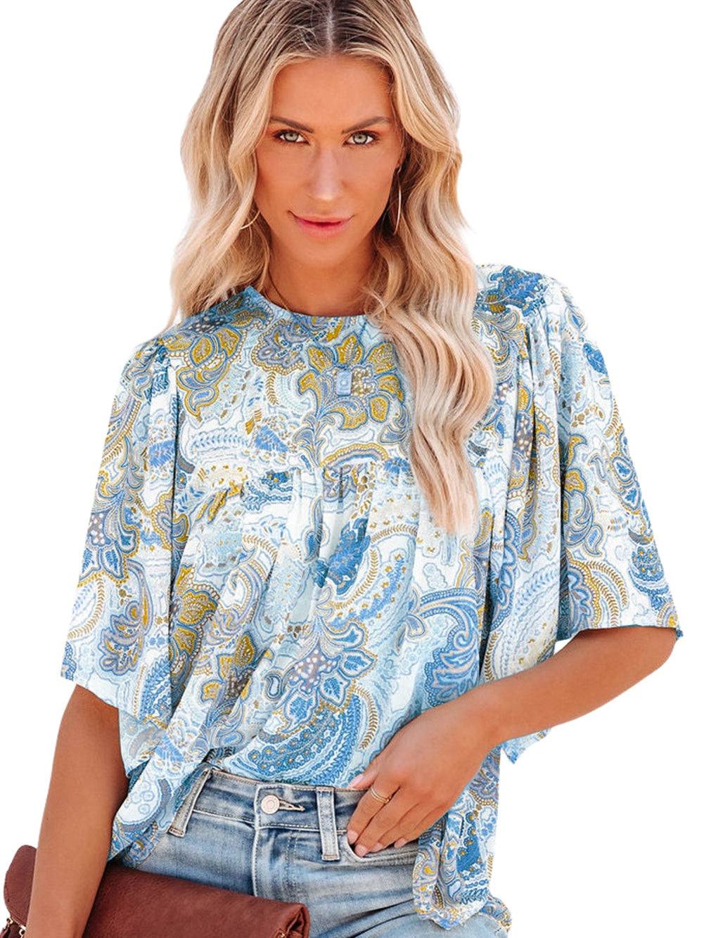 Elegant Sky Blue Paisley Pattern Flowy Blouse with Wide Sleeves