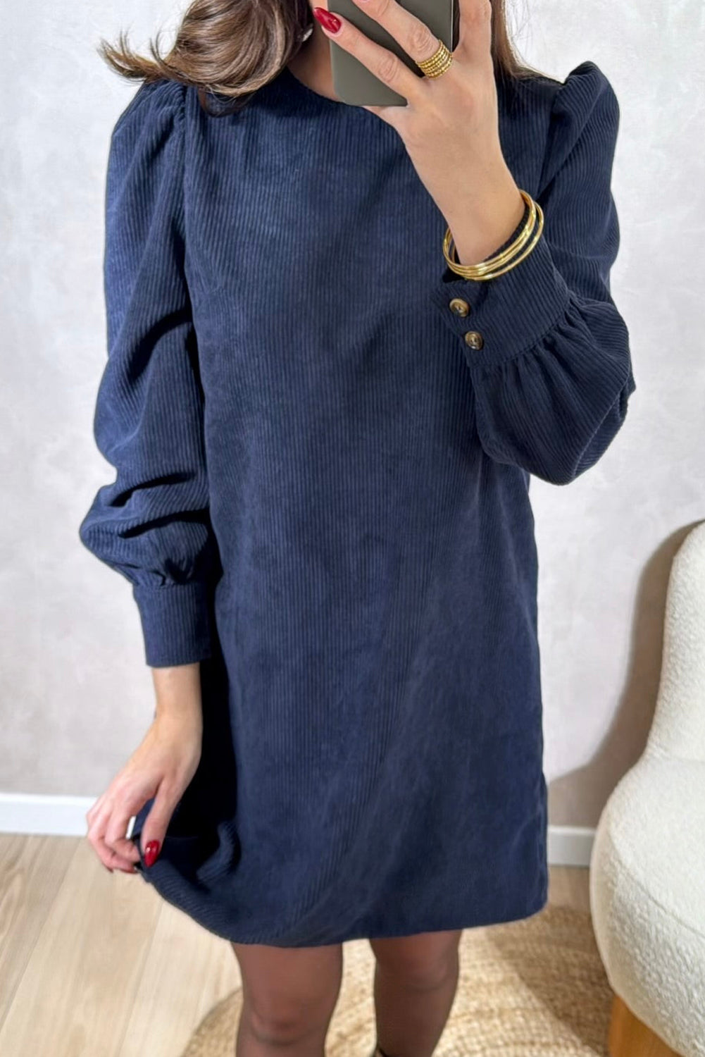 Dirty blue Solid Color Button Cuffed Long Sleeve Corduroy Mini Dress