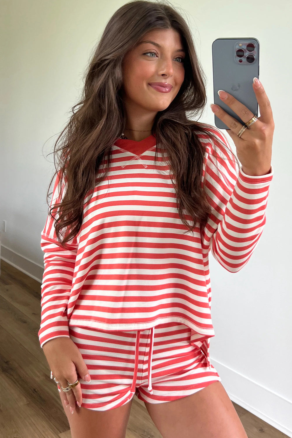 Red Stripe V Neck Long Sleeve Top Side Split Shorts 2pcs Lounge Set